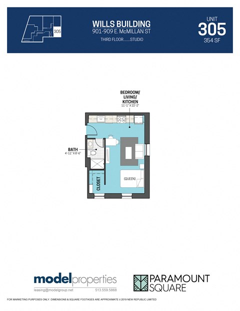 Floor plan for studio, 1 bath, 354 sqft